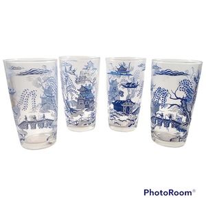FEDERAL GLASS - "Blue Willow" Blue & White Asian Themed Juice Glass -  Set of 4
